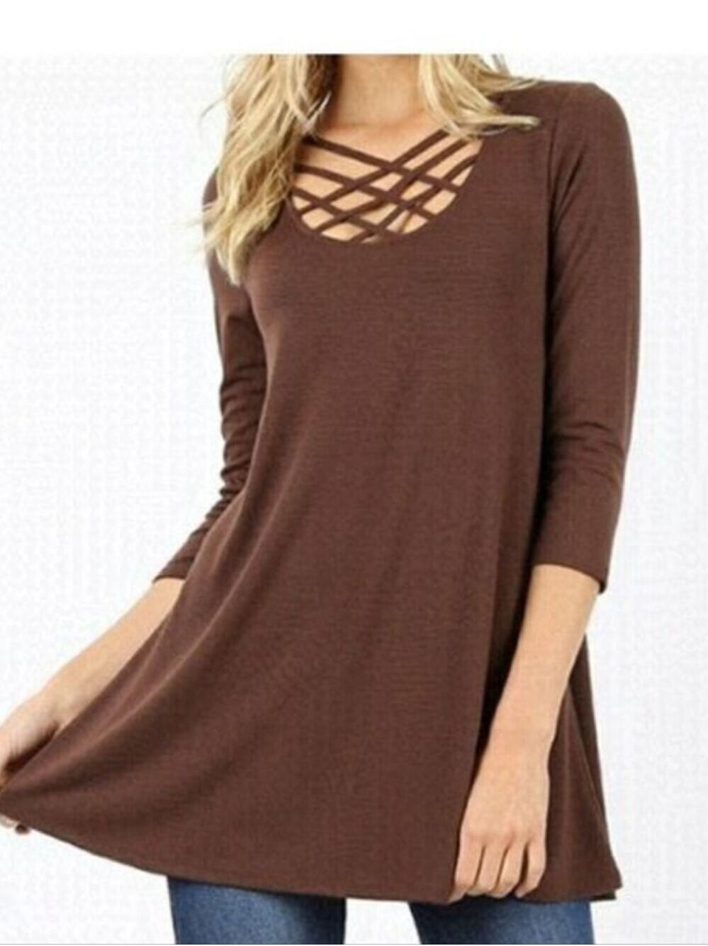 ZENANA 3/4 Sleeve Brown Tunic Top Size Small NWT